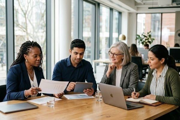 Diverse colleagues reviewing documents and laptops during an office meeting